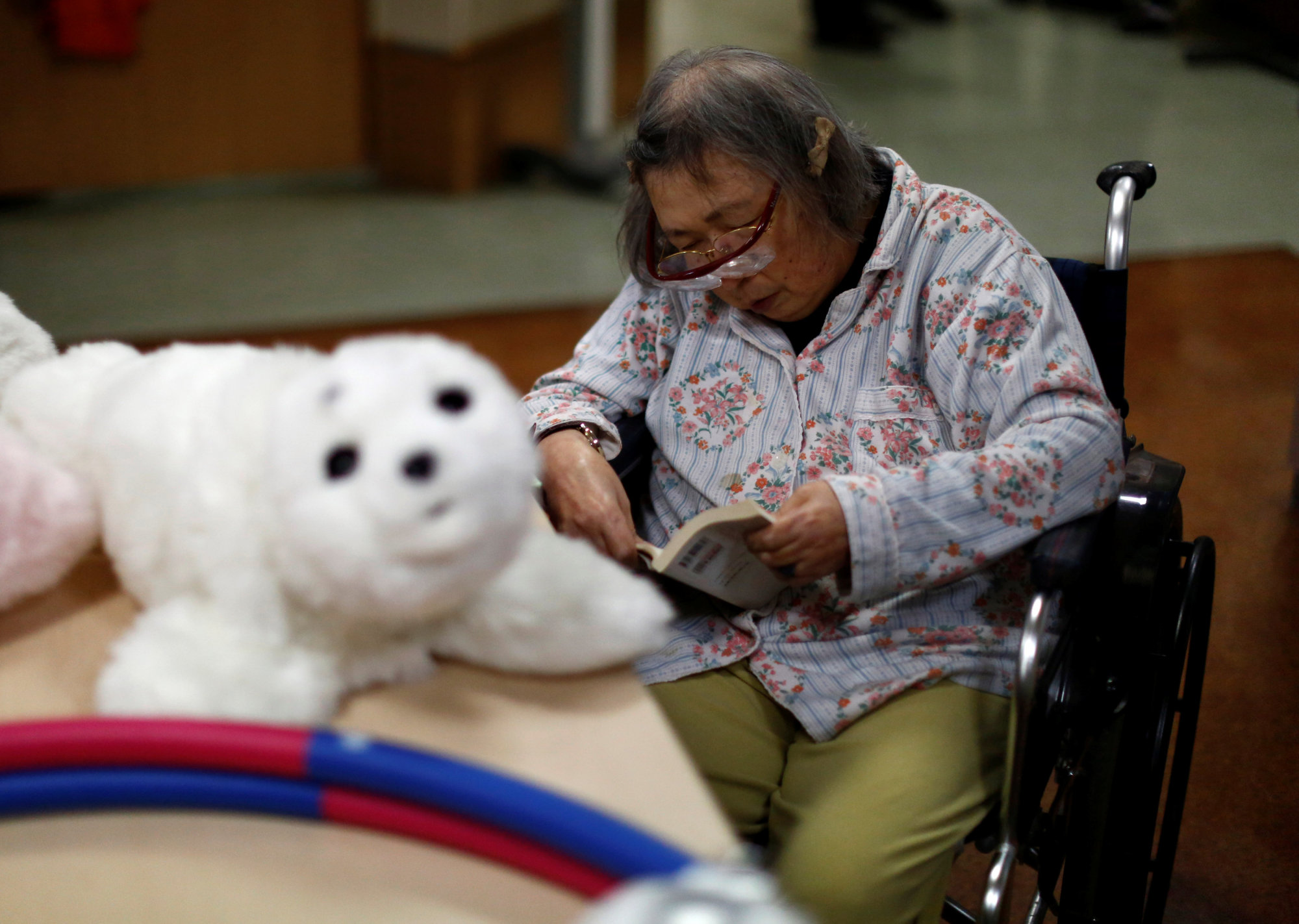 A resident reads a book during a session with Paro, a robotic seal, at the Shintomi nursing home in Tokyo.