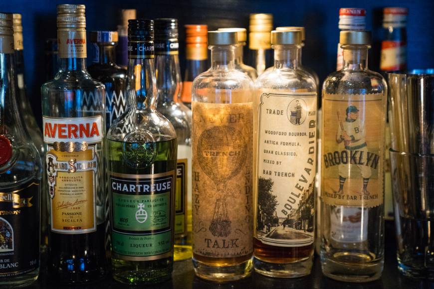 A row of spirits sits on the bar at Bar Trench in Tokyo