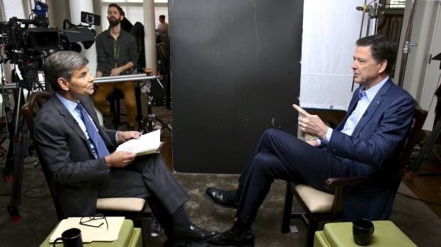 ABC News correspondent George Stephanopoulos (left) appears with former FBI Director James Comey for a taped interview that aired during a prime-time “20/20” special on Sunday. Comey’s book, “A Higher Loyalty: Truth, Lies, and Leadership,” will be released Tuesday. In interview, ousted FBI chief James Comey says it's 'possible' that Russians have leverage over Trump