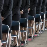 New female employees of Japan Airlines Co. attend an initiation ceremony in a hangar at Haneda Airport in Tokyo on April 2. The U.S. State Department expressed concern Friday about sexual harassment in Japan, saying it remained “widespread” in the workplace, in an annual rights report. In annual rights report, U.S. expresses concern about sexual harassment in Japan