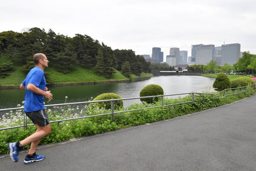 A man jogs along the Sotosakurada moat at the Imperial Palace in April.