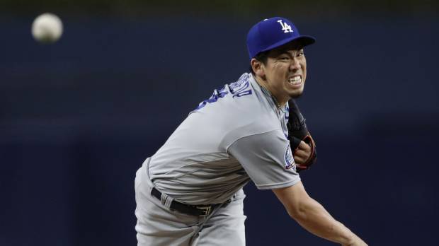 Los Angeles starter Kenta Maeda pitches against San Diego in the first inning on Wednesday night. Dodgers' Kenta Maeda earns victory with 10-strikeout performance