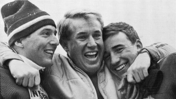 American coach Bob Beattie, seen here hugging skiers Billy Kidd (left) and Jimmy Huega at the 1964 Olympics in Innsbruck, Austria, died Sunday at the age of 85. Bob Beattie, pioneer of Alpine World Cup circuit, dies at 85