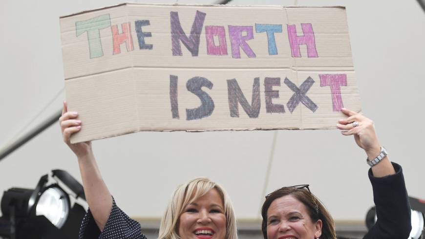 Sinn Fein leader Mary Lou McDonald and Michelle O’Neill, the leader of Sinn Fein in Northern Ireland, celebrate the result of the Irish referendum on liberalizing abortion law in Dublin on Saturday. In Northern Ireland, abortion rights groups clamor for change