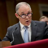 Scott Pruitt, administrator of the Environmental Protection Agency (EPA), speaks during a Senate Appropriations Subcommittee hearing in Washington on Wednesday. Pruitt faced intense criticism in his first Senate testimony since a crush of ethical allegations that have put his job in jeopardy. EPA chief Scott Pruitt faces stern Senate scrutiny over spending and security, called 'ego run amok'