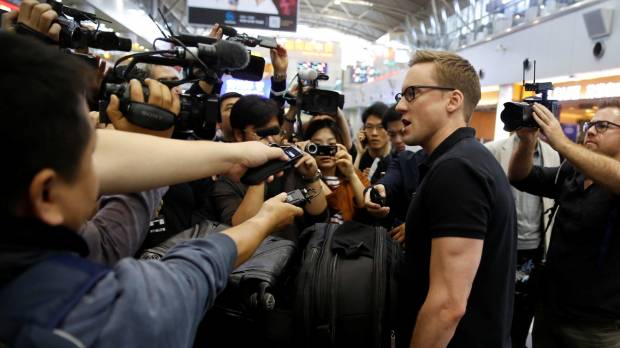 CNN’s Will Ripley talks to the media at an airport in Beijing on Tuesday before he was to board a plane to North Korea. Foreign media arrive for North Korea nuke site closing