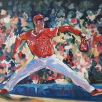Los Angeles Angels pitcher Shohei Ohtani delivers in a painting by Andy Brown. British artist Andy Brown captures essence of baseball through paintings