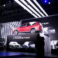 Subaru’s Forester compact SUV is unveiled at the 2018 New York International Auto Show on March 28. Subaru Corp. vehicles still run exclusively on fossil fuel. Subaru and Mazda seek advantage from being among last to sell electric vehicles