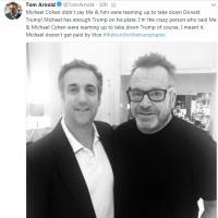 Michael Cohen (left), U.S. President Donald Trump’s former longtime personal attorney, poses with comedian Tom Arnold, who is working on a TV show to hunt down recordings of the president. SOURCE: TWITTER Photo of former Trump attorney Michael Cohen with comedian hunting recordings of president fuels speculation