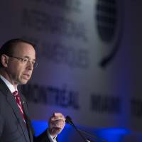 Rod Rosenstein, deputy attorney general, speaks during the International Economic Forum Of The Americas (IEFA) in Montreal, Quebec, Monday. House Republicans press Justice Department, FBI for more Russia probe documents