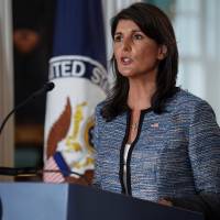 U.N. Ambassador Nikki Haley announces the United States’ withdrawal from the United Nations’ Human Rights Council at the State Department in Washington on Tuesday. Japan quiet as U.S. quits top U.N. human rights body, citing Israel bias
