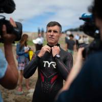 French marathon swimmer Ben Lecomte gets ready in Choshi, Chiba Prefecture, on Tuesday for the start of his attempt to swim across the Pacific Ocean. French swimmer departs from Japan and begins Pacific Ocean crossing attempt