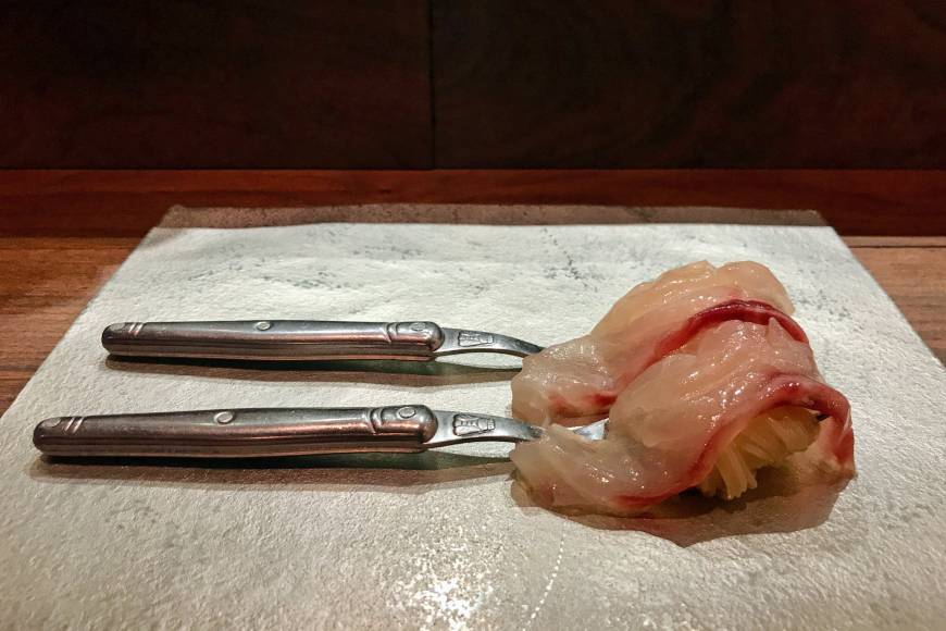 Sel Sal Sale One-bite capellini: Chilled pasta wrapped around a fork and topped with a carpaccio of sea bream. | ROBBIE SWINNERTON
