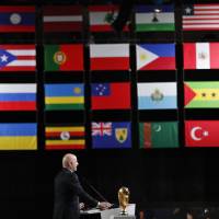 FIFA president Gianni Infantino speaks during the FIFA congress in Moscow on Wednesday. North American trio beats Morocco for hosting rights to host 2026 World Cup