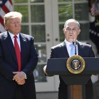 The head of the Environmental Protection Agency, Scott Pruitt, speaks after U.S. President Donald Trump announced his decision to withdraw the U.S. from the Paris Climate Accords in the Rose Garden of the White House in Washington last summer. Facing ever-growing scandals over Pruitt’s spending and behavior, Trump appears close to firing the man he appointed to dismantle Barack Obama’s green legacy. Scandal-hit EPA chief Scott Pruitt could face ax as Trump is 'not happy' with fallout