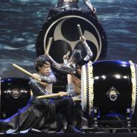 Drum Tao, a group based in Taketa, Oita Prefecture, perform on wadaiko (Japanese drums) during the opening ceremony of Japonismes 2018, which opened Thursday in Paris. Foreign Minister Taro Kono attends opening of Japonismes 2018 cultural event in Paris
