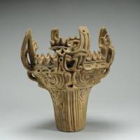 A vessel with flame-like ornamentation, a National Treasure (3000-2000 B.C.) Jomon art: Japan's prehistoric charm