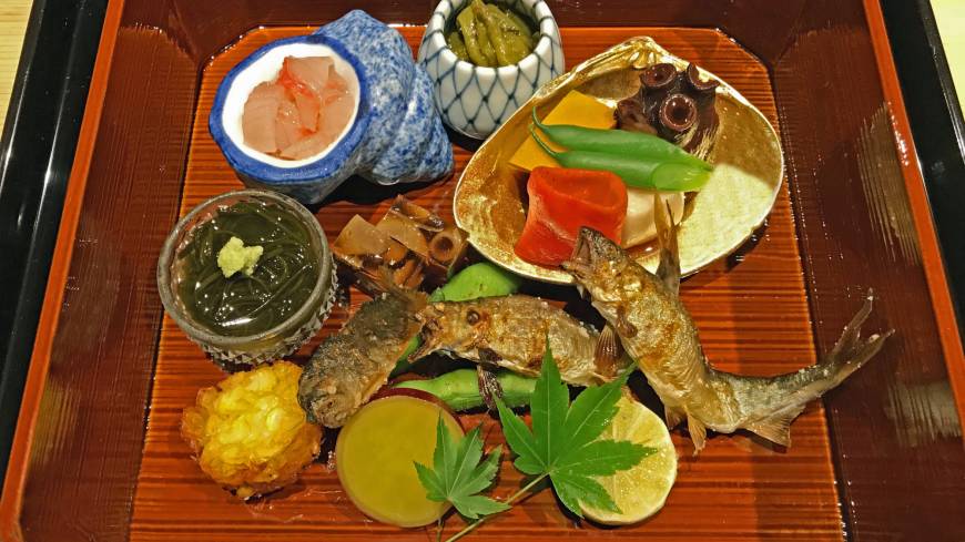 The main event: Ayu (sweetfish) formed the centerpiece of the hassun course, which sets the meal’s seasonal theme. Karatsu