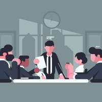 In the Bonus Dialogue, company executives hold a meeting at the office. 'Beki,' the little Japanese word that's 'should'