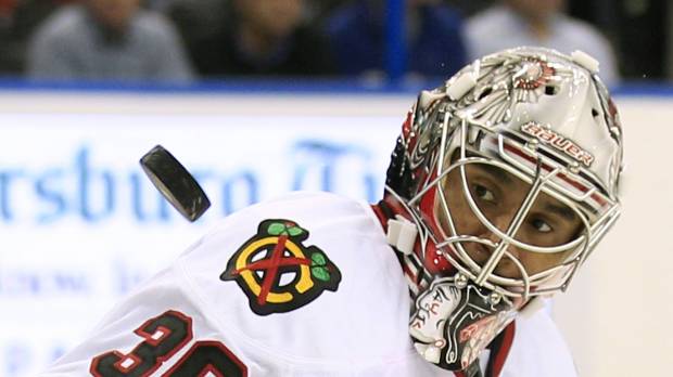 Blackhawks goalie Ray Emery watches the puck during a game against Lightning on Nov. 4, 2011, in Tampa, Florida. Emery died on Sunday at age 35. Former NHL goalie Ray Emery dies in drowning