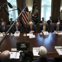 U.S. President Donald Trump and his team meet in the White House last week. Trump has prodded China to offer more at the bargaining table to head off an all-out trade war. Japanese firms face tough choices as U.S.-China trade war drags on