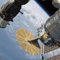 The Russian Soyuz MS-09 crew craft (left) and the Northrop Grumman (formerly Orbital ATK) Cygnus space freighter are attached to the International Space Station in June. NASA and Russian space officials stressed Thursday that the six astronauts are in no danger after a small air leak developed in onem (at left) of the two Soyuz capsules docked at the space station. Russian officials say the leak was detected Wednesday night and may be the result of a micrometeorite impact. Both the crew and ground controllers are working hard to isolate the leak. Small air leak in Russian capsule patched at space station