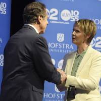 New York Gov. Andrew M. Cuomo and Cynthia Nixon shake hands at Hofstra University in Hempstead on Wednesday ahead of their the Democratic gubernatorial primary debate. The winner of the Democratic primary faces Republican Marc Molinaro and independent Stephanie Miner in November. Chilly working environments are sexist, says New York candidate Cynthia Nixon