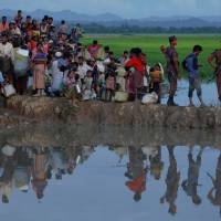 Rohingya refugees who fled from Myanmar wait in the rice field to be let through after after crossing the border in Palang Khali, Bangladesh, last October. Myanmar-appointed panel probing Rohingya crisis pledges independence