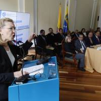 Former Venezuelan Chief Prosecutor Luisa Ortega addresses exiled Venezuelan jurists in a hearing against President Nicolas Maduro, at the Congress in Bogota Thursday. The jurists, who proclaim they are the rightful members of the nation’s Supreme Court, launched a largely symbolic process against Maduro on charges of corruption and money laundering. Colombia grants 440,000 Venezuelan migrants temporary permission to stay