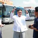 North Korean leader Kim Jong Un visits an unidentified site in the country for a trial operation of a new type of trolley bus in this photo released on Aug. 4.