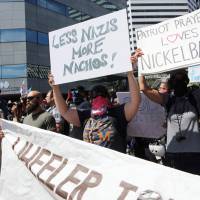 Anti-fascist protesters demonstrate as right-wing Patriot Prayer founder and Republican Senate candidate Joey Gibson speaks at a campaign rally in Portland last Saturday. Poor Portland progressives: So much to protest, so little time