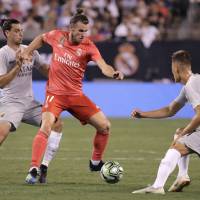 Real Madrid’s Gareth Bale (center) is seen in action during an International Champions Cup tournament match against Roma on Aug. 7. Facebook to broadcast all La Liga games for free on Indian subcontinent