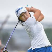 Nasa Hataoka hits a tee shot at the Indy Women in Tech Championship on Friday in Indianapolis. Hataoka carded a 69 and is two shots off the pace. Nasa Hataoka two shots off lead