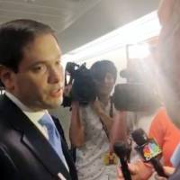 U.S. Sen. Marco Rubio and Alex Jones are seen in the halls of the Senate outside a social media hearing in Washington Wednesday in this still image obtained from social media. Justice Department probes if social media are 'stifling' speech after Trump, GOP, conspiracy theorists gripe