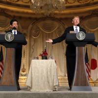 U.S. President Donald Trump speaks during a news conference with Prime Minister Shinzo Abe in Palm Beach, Florida, in April. Trump suggests trade battle with Japan, Wall Street Journal column says