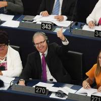 European Parliament Member Axel Voss reacts after his copyright bill was voted into law on Wednesday in Strasbourg, France. European Parliament backs copyright reform in blow to global tech firms