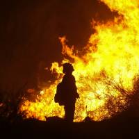 A firefighter keeps watch as a wildfire burns in the Cleveland National Forest in Corona, California, Aug. 9. Researchers have expanded a health-monitoring study of wildland firefighters after a previous study found season-long health declines and deteriorating reaction times. Study shows health, reaction-time declines in firefighters