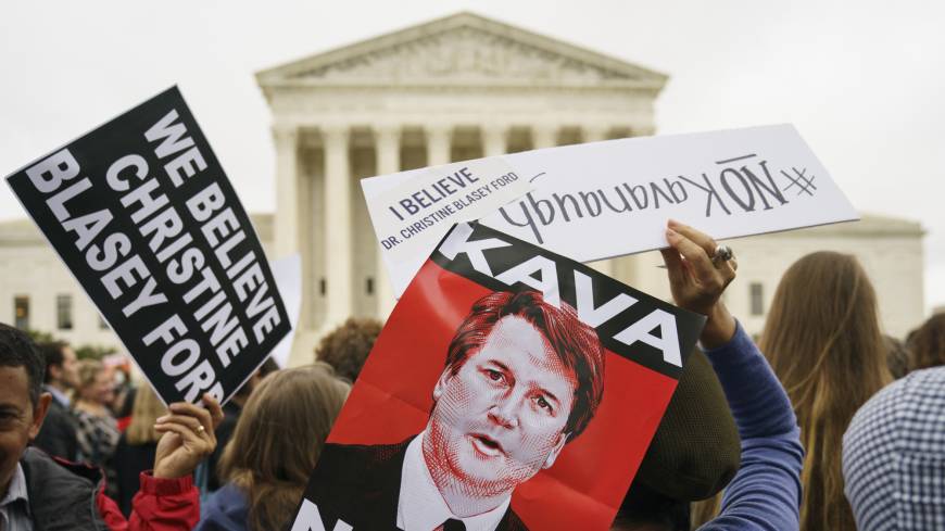 Protesters gather in front of the Supreme Court holding signs with the image of Judge Brett Kavanaugh that read “Kava Nope” and “We Believe Christine Blasey Ford” on Capitol Hill in Washington Monday. A second allegation of sexual misconduct has emerged against Kavanaugh, a development that has further imperiled his nomination to the Supreme Court, forced the White House and Senate Republicans onto the defensive and fueled calls from Democrats to postpone further action on his confirmation. President Donald Trump is so far standing by his nominee. As confirmation fight gets nastier, Republicans begin digging in on Kavanaugh
