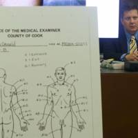 An enlarged diagram of bullet entry and exit wounds found on the body of Laquan McDonald is shown to the jury during the trial of Chicago police officer Jason Van Dyke (right), at the Leighton Criminal Court Building in Chicago Wednesday. Doctor in cop's murder trial: Can't determine order of Laquan McDonald's wounds