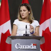 Canadian Foreign Minister Chrystia Freeland holds a news conference at the Embassy of Canada in Washington on Friday. U.S. starts clock ticking on reaching trade pact with Mexico