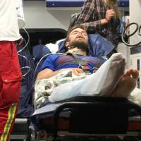 Anti-Kremlin activist Pyotr Verzilov who lost his sight, hearing and ability to walk in a suspected poisoning last week arrives on a special medical transport plane at Schoenefeld airport in Berlin on Saturday. Pussy Riot-linked anti-Kremlin activist seen doing better in German hospital after apparent poisoning in Moscow