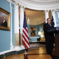 Secretary of State Mike Pompeo pauses as he speaks about refugees as he makes a statement to the media Monday at the State Department in Washington. U.S. again slashes intake of refugees but insists nation still provides haven from danger, sparking outrage