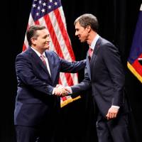 Texas Sen. Ted Cruz and Rep. Beto O’Rourke shake hands after a debate at the Southern Methodist University in Dallas on Friday. Ted Cruz and Beto O'Rourke trade attacks during testy first Texas Senate debate