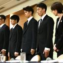 National basketball team players (from left) Yuya Nagayoshi, Takuya Hashimoto, Takuma Sato and Keita Imamura, along with Japan Basketball Association Chairperson Yuko Mitsuya, face reporters in August.