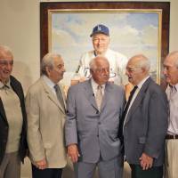 Baseball Hall of Famer Tommy Lasorda (center), seen in a September 2009 file photo, stands with his brothers from left, Harry Lasorda, Morris Lasorda, Eddie Lasorda and Joseph “Smokey” Lasorda, at the Smithsonian’s National Portrait Gallery in Washington during the installation of Tommy Lasorda’s portrait. Former Dodgers manager Tommy Lasorda's brother killed in car crash