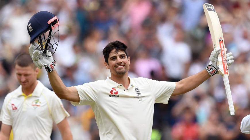 England batsman Alastair Cook celebrates scoring his double century against Australia on the third day of the fourth Ashes cricket Test match at Melbourne Cricket Ground on Dec. 28, 2017. England's Alastair Cook to retire from international cricket after India series