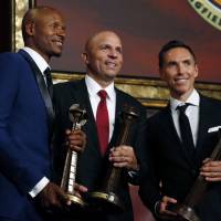 (From left) Ray Allen, Jason Kidd and Steve Nash pose after induction ceremonies at the Basketball Hall of Fame on Friday night in Springfield, Massachusetts. Ray Allen, Steve Nash, Jason Kidd lead Hall of Fame class