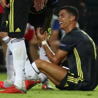 Juventus’ Cristiano Ronaldo reacts after being sent off during a Champions League game against Valencia on Tuesday. Allegri bemoans lack of VAR after Ronaldo sees red for Juventus