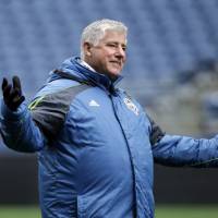 Then-Seattle Sounders head coach Sigi Schmid gestures during a training session in Seattle in this Feb. 22, 2016 file photo. Schmid stepped down as coach of the LA Galaxy on Monday. Sigi Schmid steps down as coach of the LA Galaxy