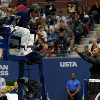 Serena Williams of the U.S. argues Saturday with chair umpire Carlos Ramos while playing Naomi Osaka of Japan during their 2018 US Open women’s singles final match in New York. Serena Williams has been fined $17,000 by the U.S. Tennis Association in the wake her outburst during a controversial U.S. Open final loss to Osaka. Serena Williams fined $17,000 after U.S. Open final outburst in loss to Naomi Osaka
